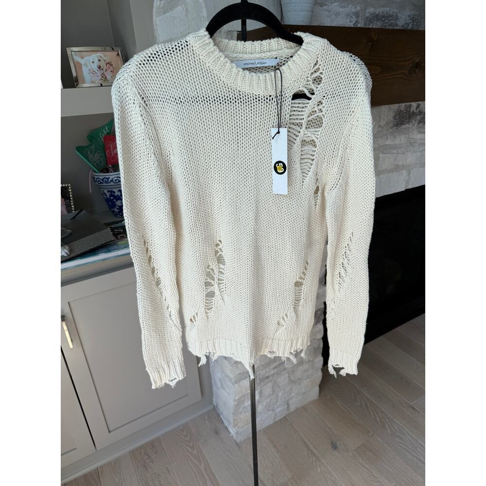 Stitches & Stripes Women's Cream Long Sleeve Knit Distressed Sweater Size M
